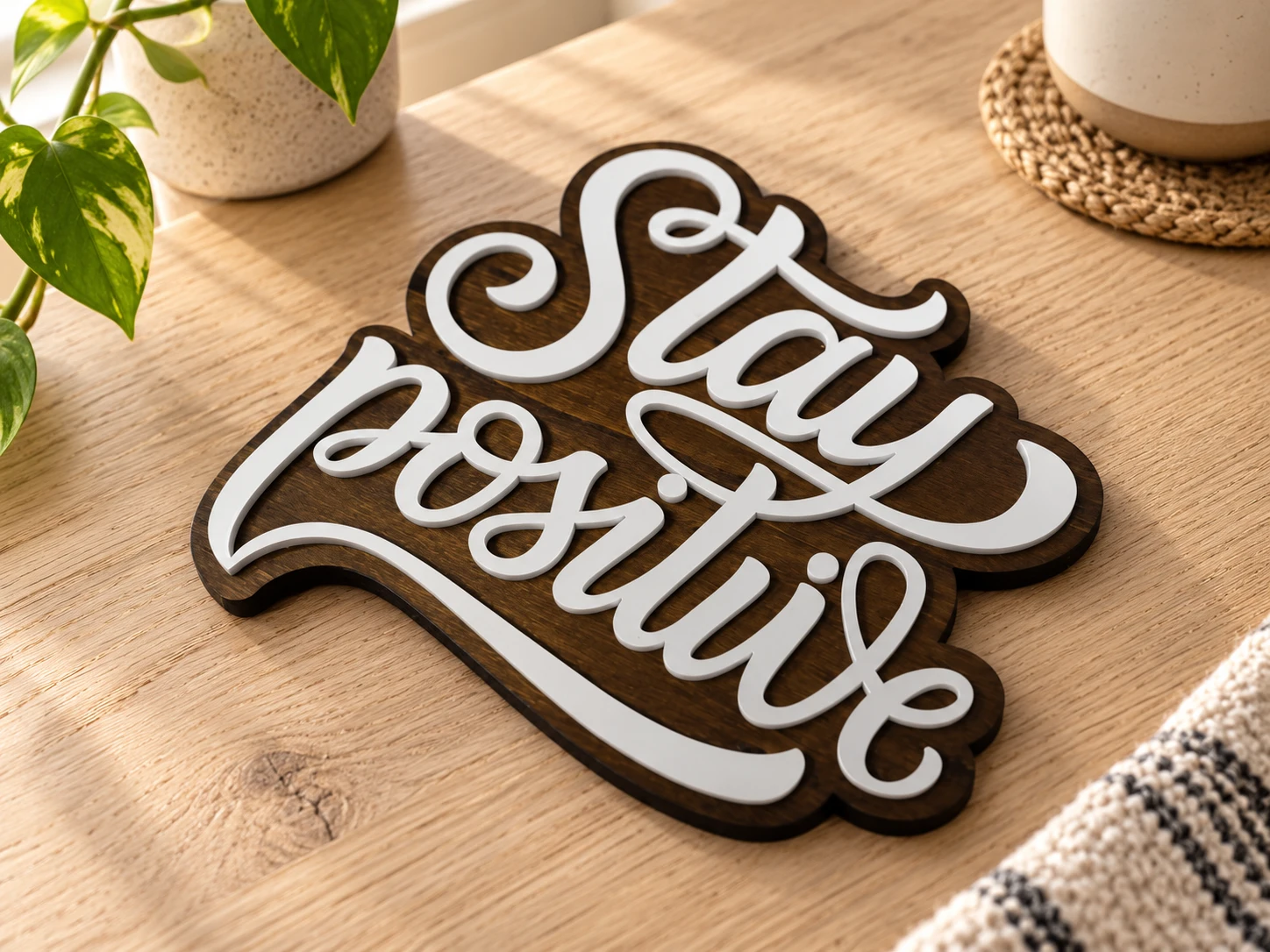 Scritta sagomata Stay positive con lettering chiaro su fondo scuro · mockup ambientato