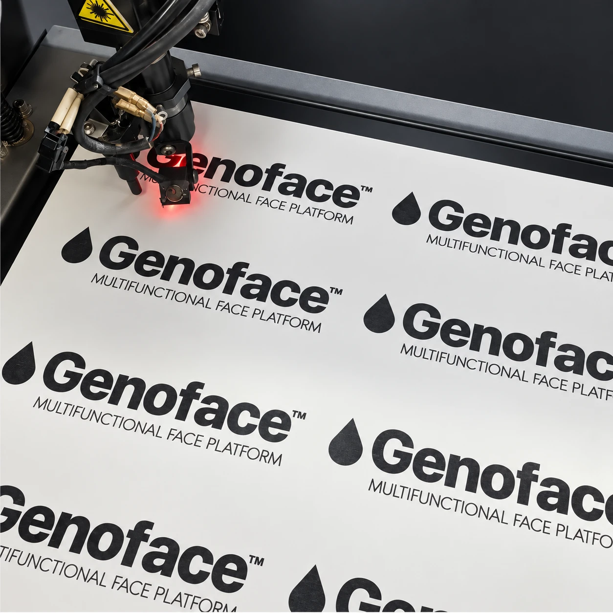 Lavorazione laser delle targhette personalizzate Genoface per macchinari estetici: incisione dei marchi sul pannello