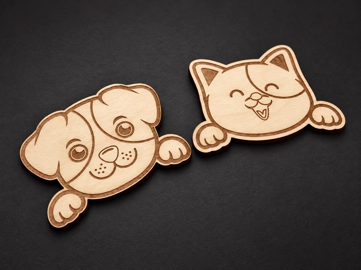 Sagome in legno di un cane e un gatto con musetti e zampe incisi